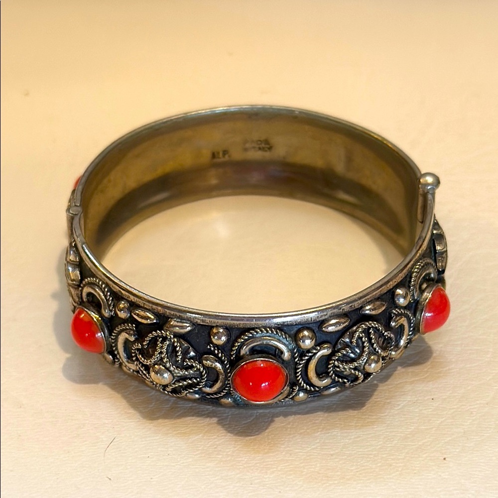 Antique Italian Alpaca Silver Coral Bracelet